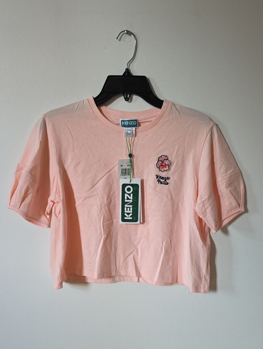 NWT Kenzo Kids Peach Short Sleeve Crop Tee with Embroidered Flower, 12Y